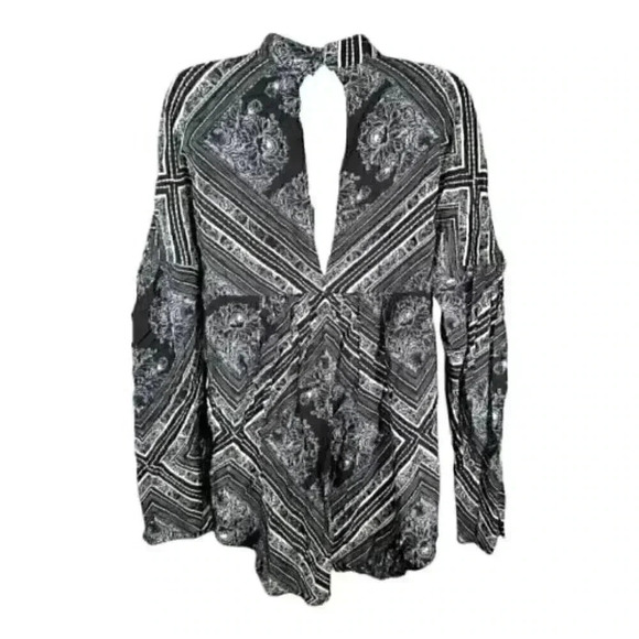 Free People Tunic Top Black XS Floral Boho Keyhole High Neck Walking On A Dream - Picture 3 of 5